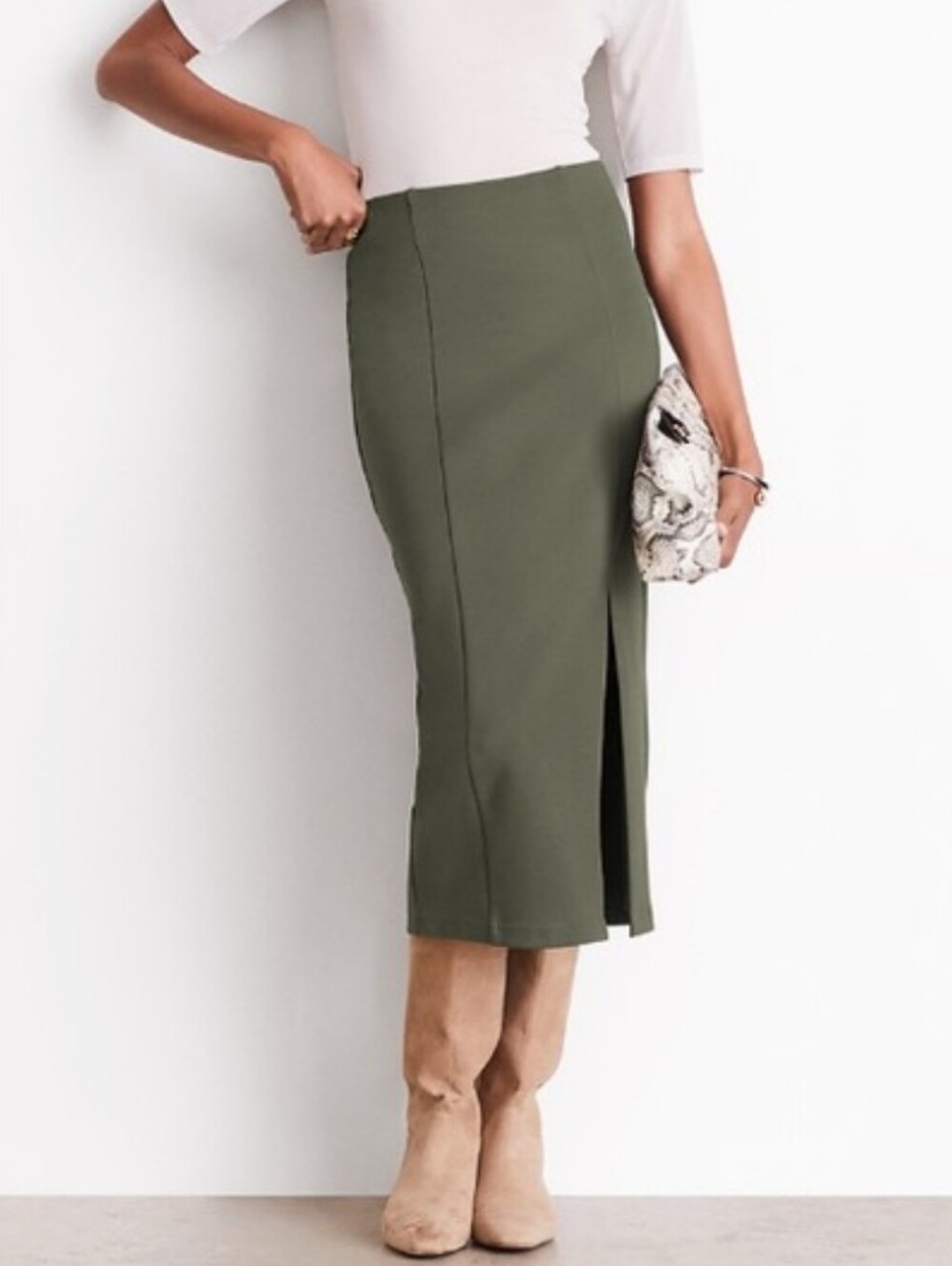 LOFT | Versa Ponte Classic Olive Green Midi Pencil Skirt with Front Slit